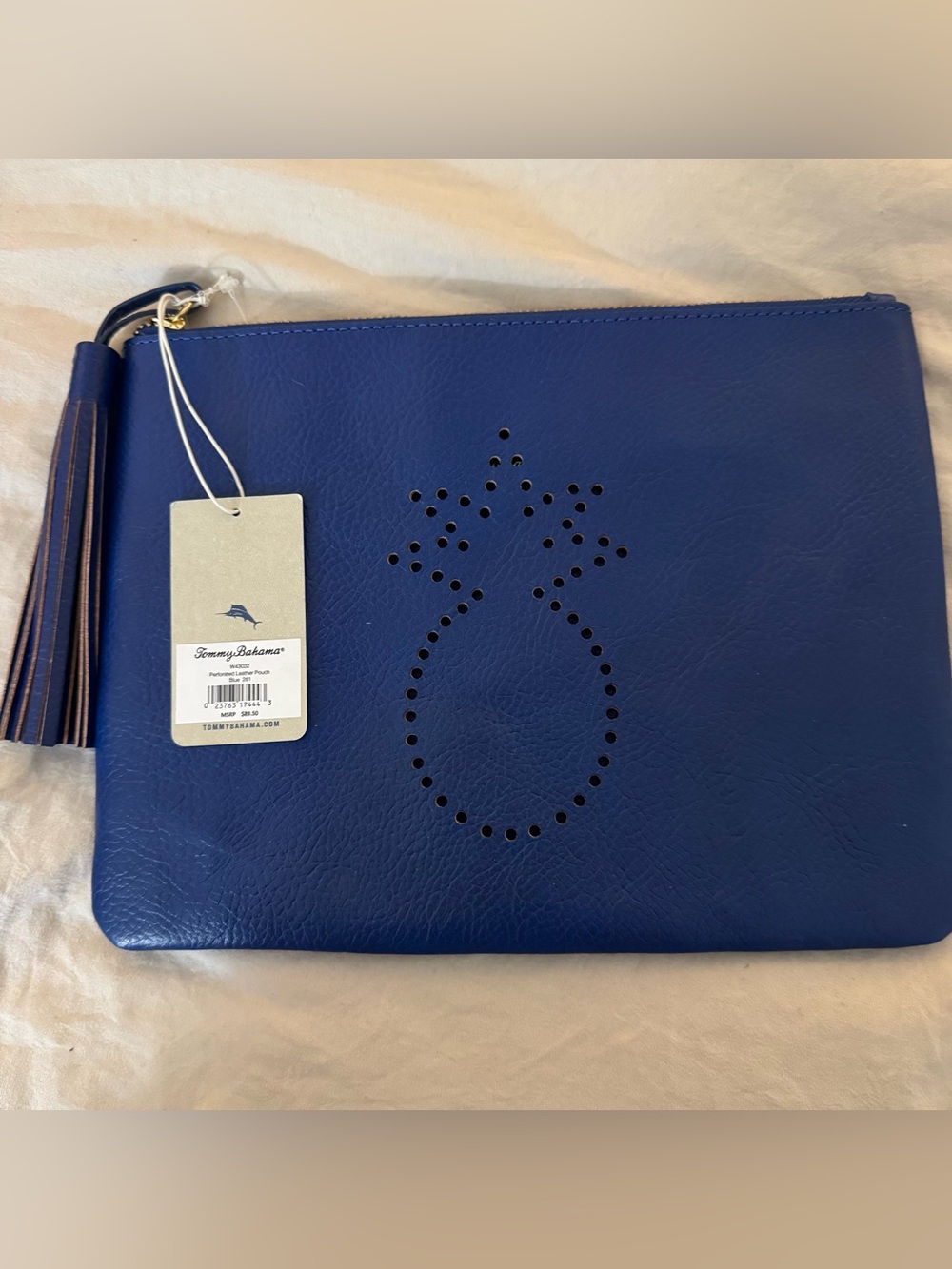 NEW NWT Tommy Bahama perforated leather pouch wristlet Large Blue